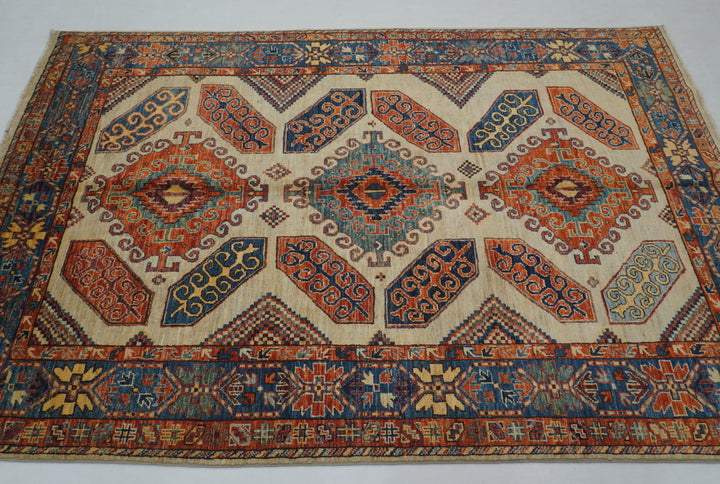 5x7 Beige Afghan Hand knotted Geometric Rug