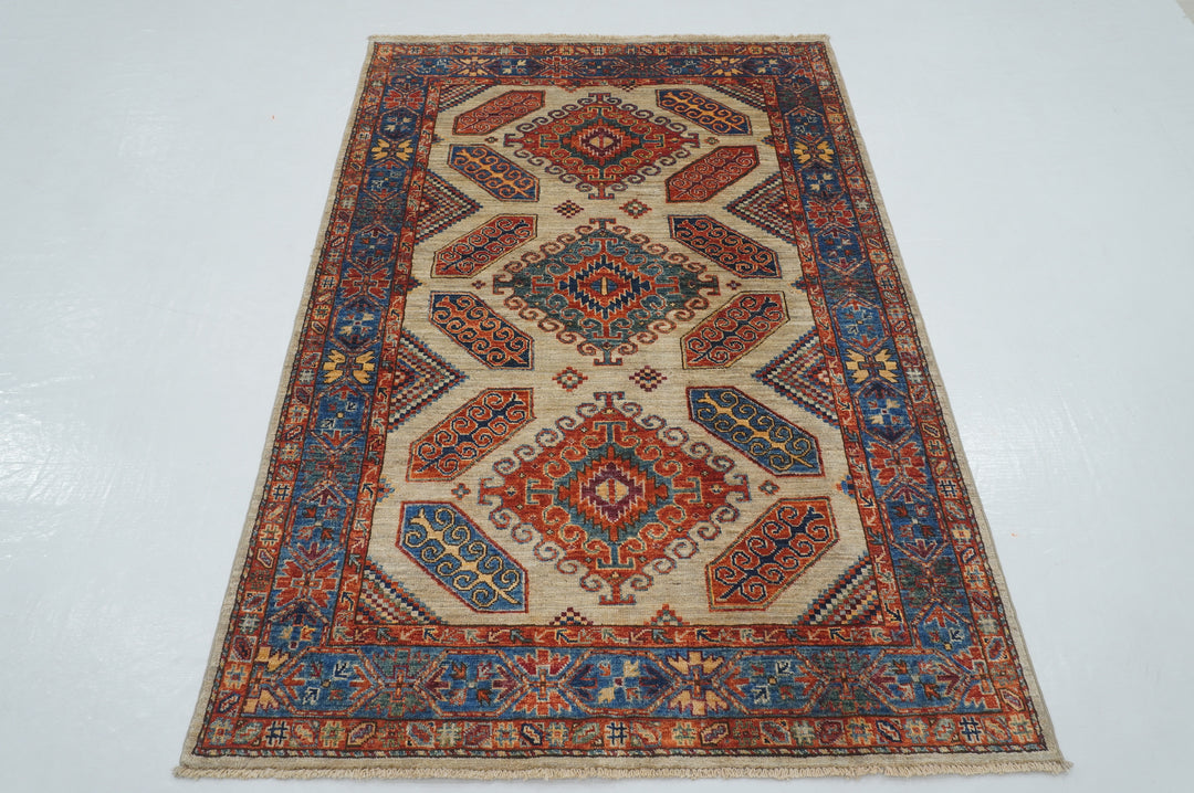 4x6 Taupe Beige Eagle Kazak Tribal Afghan Hand knotted Rug - Yildiz Rugs