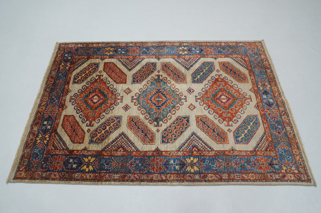 4x6 Taupe Beige Eagle Kazak Tribal Afghan Hand knotted Rug - Yildiz Rugs