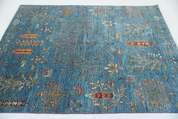 6x8 Blue Gabbeh Hand-Knotted Afghan Tree of Life Rug - Yildiz Rugs