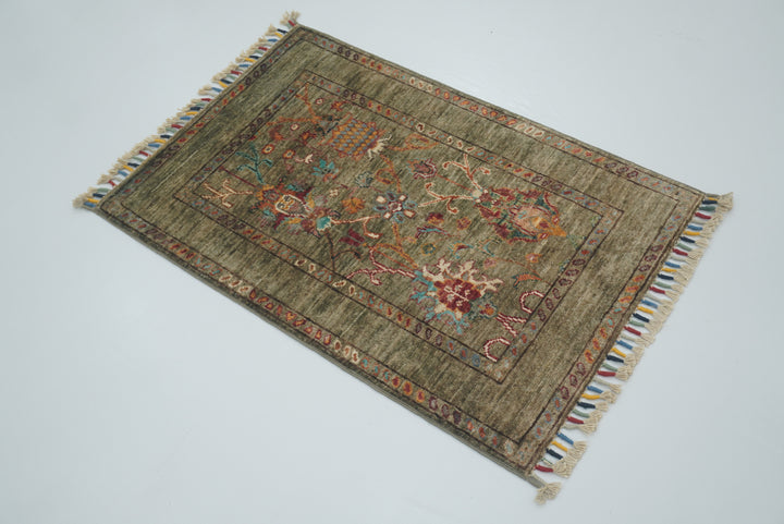2x3 Green Afghan Waziri Floral Hand Knotted Rug - Yildiz Rugs