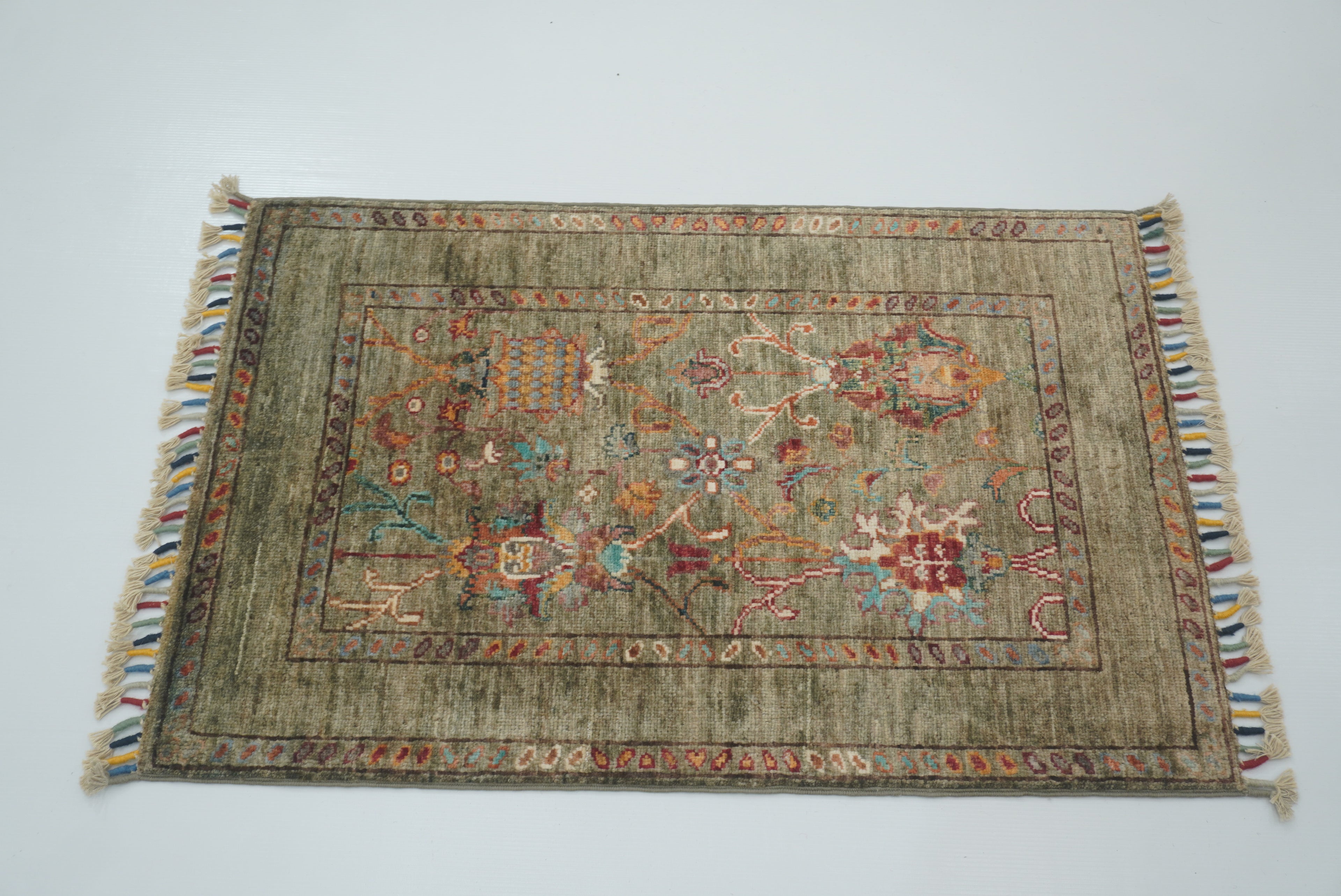 2x3 Green Afghan Waziri Floral Hand Knotted Rug - Yildiz Rugs