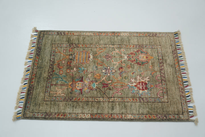 2x3 Green Afghan Waziri Floral Hand Knotted Rug - Yildiz Rugs