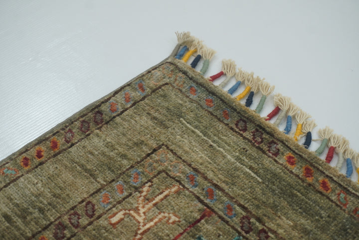 2x3 Green Afghan Waziri Floral Hand Knotted Rug - Yildiz Rugs