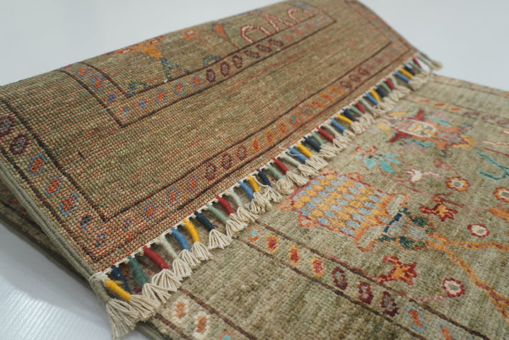 2x3 Green Afghan Waziri Floral Hand Knotted Rug - Yildiz Rugs