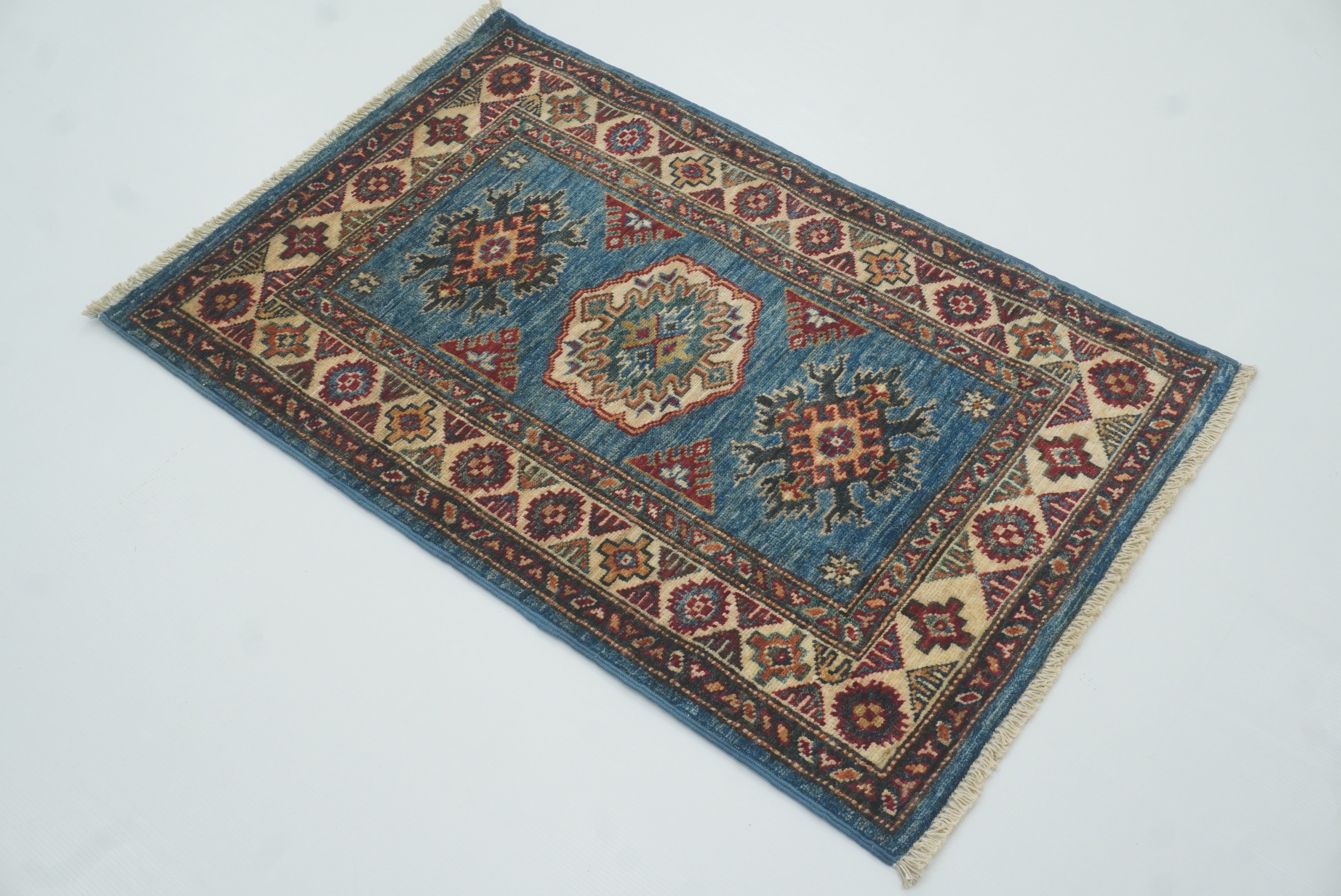 2x3 Blue Kazak Hand-Knotted Afghan Rug - Yildiz Rugs