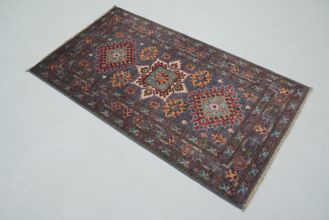 3x4 Blueish Gray Kazak Afghan Hand Knotted Oriental Rug