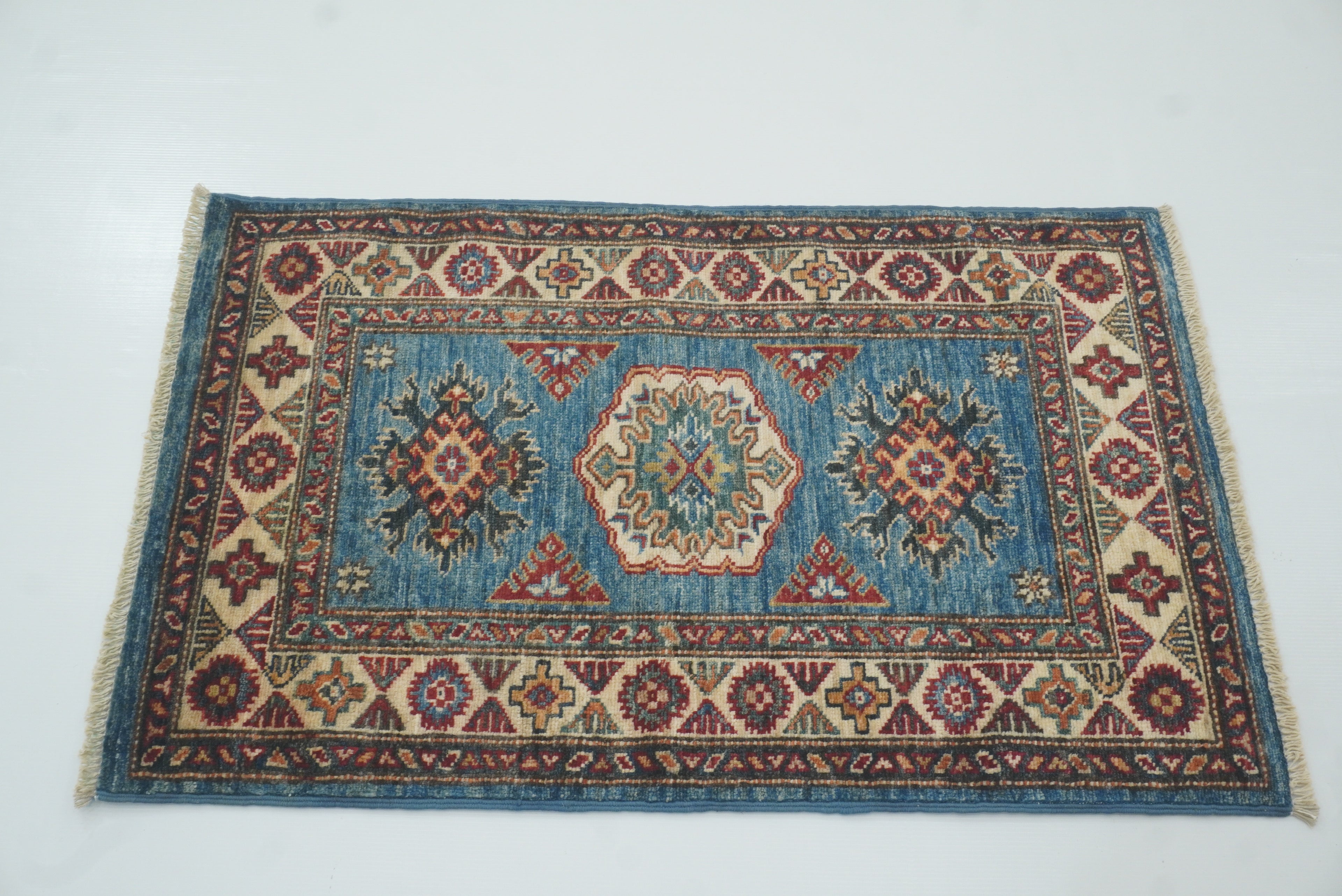 2x3 Blue Kazak Hand-Knotted Afghan Rug - Yildiz Rugs