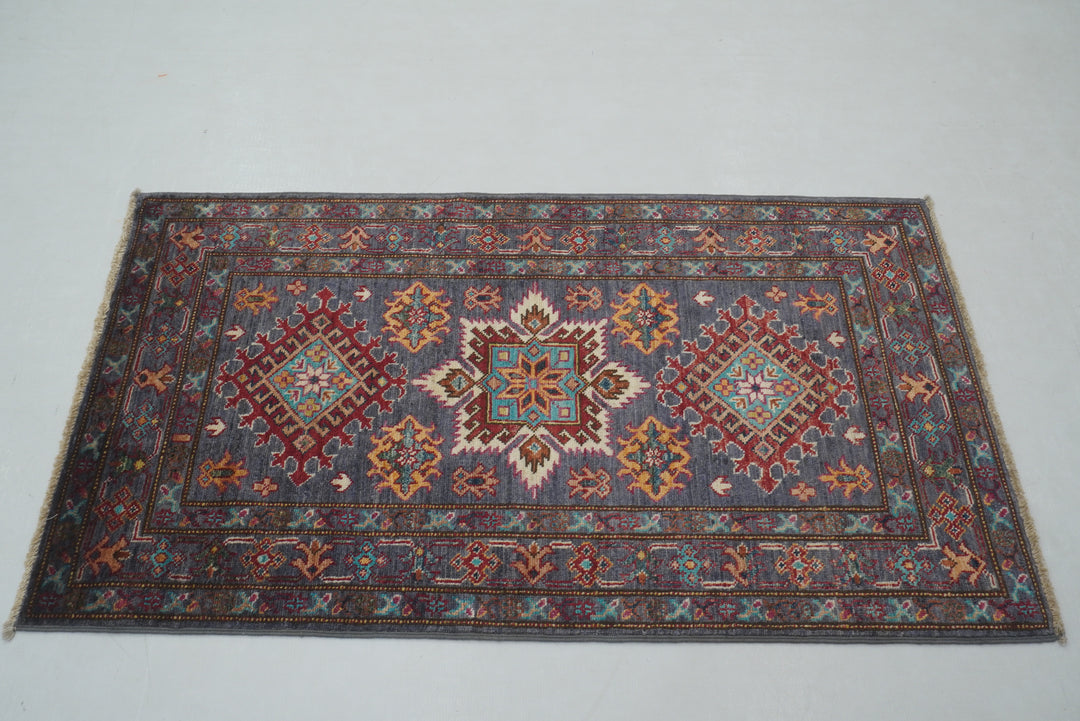 3x4 Blueish Gray Kazak Afghan Hand Knotted Oriental Rug