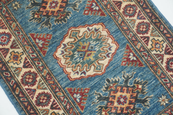 2x3 Blue Kazak Hand-Knotted Afghan Rug - Yildiz Rugs
