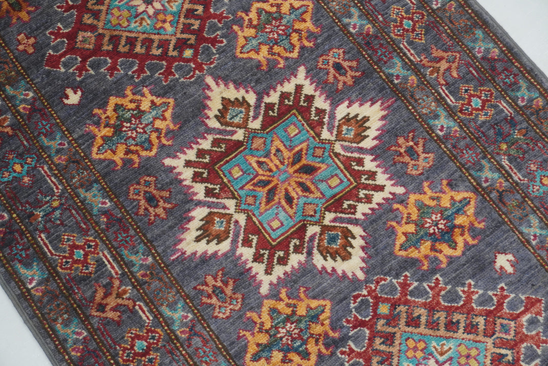 3x4 Blueish Gray Kazak Afghan Hand Knotted Oriental Rug