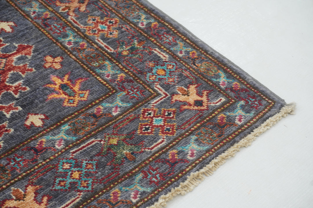 3x4 Blueish Gray Kazak Afghan Hand Knotted Oriental Rug