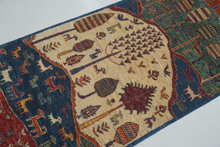 10 ft Blue Gabbeh Tree of Life Animal Landscape Afghan Runner Rug