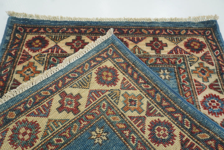 2x3 Blue Kazak Hand-Knotted Afghan Rug - Yildiz Rugs