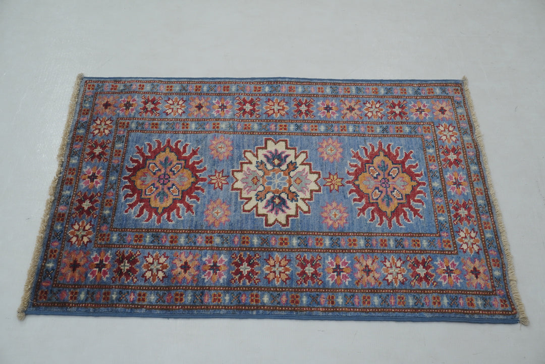 2x3 Blue Kazak Afghan Hand knotted Rug