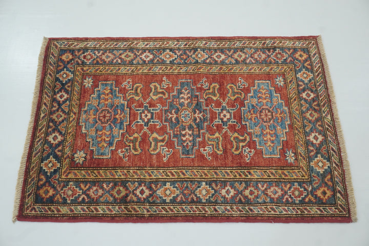 2x3 Red Kazak Hand-Knotted Afghan Rug - Yildiz Rugs
