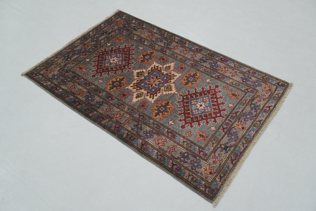 3x4 Gray Kazak Afghan Hand Knotted Oriental Rug