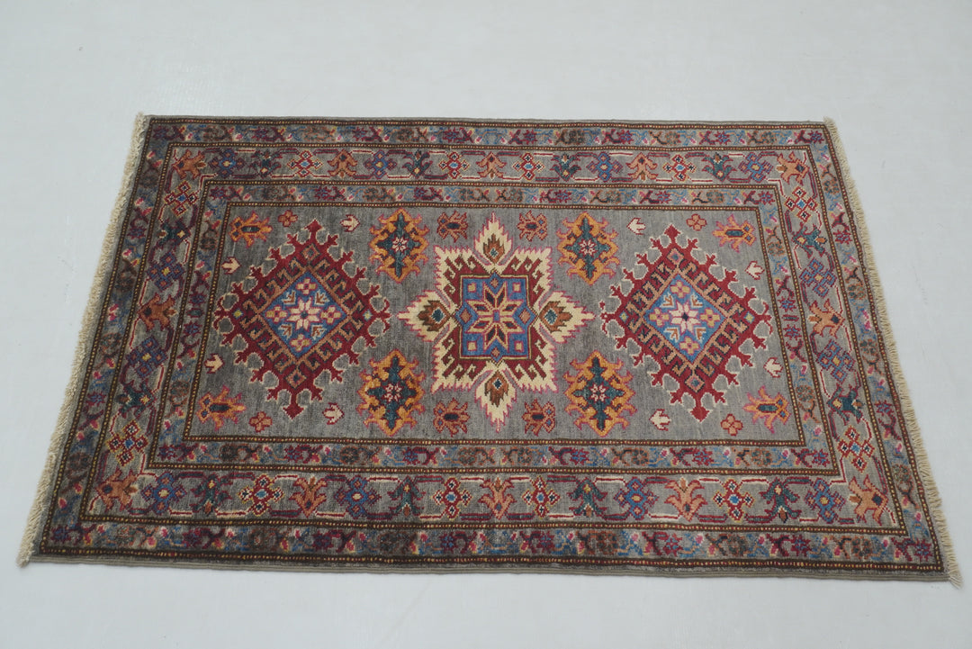 3x4 Gray Kazak Afghan Hand Knotted Oriental Rug