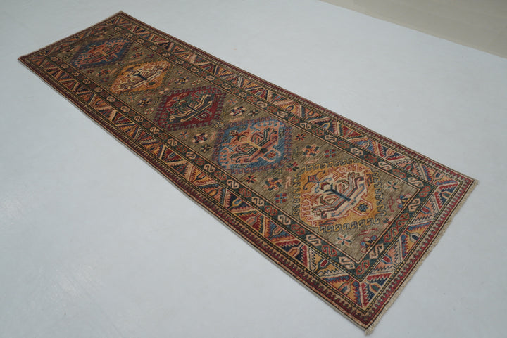 9 ft Gray Kazak Afghan Hand knotted Runner Rug