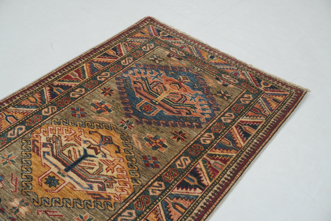 9 ft Gray Kazak Afghan Hand knotted Runner Rug