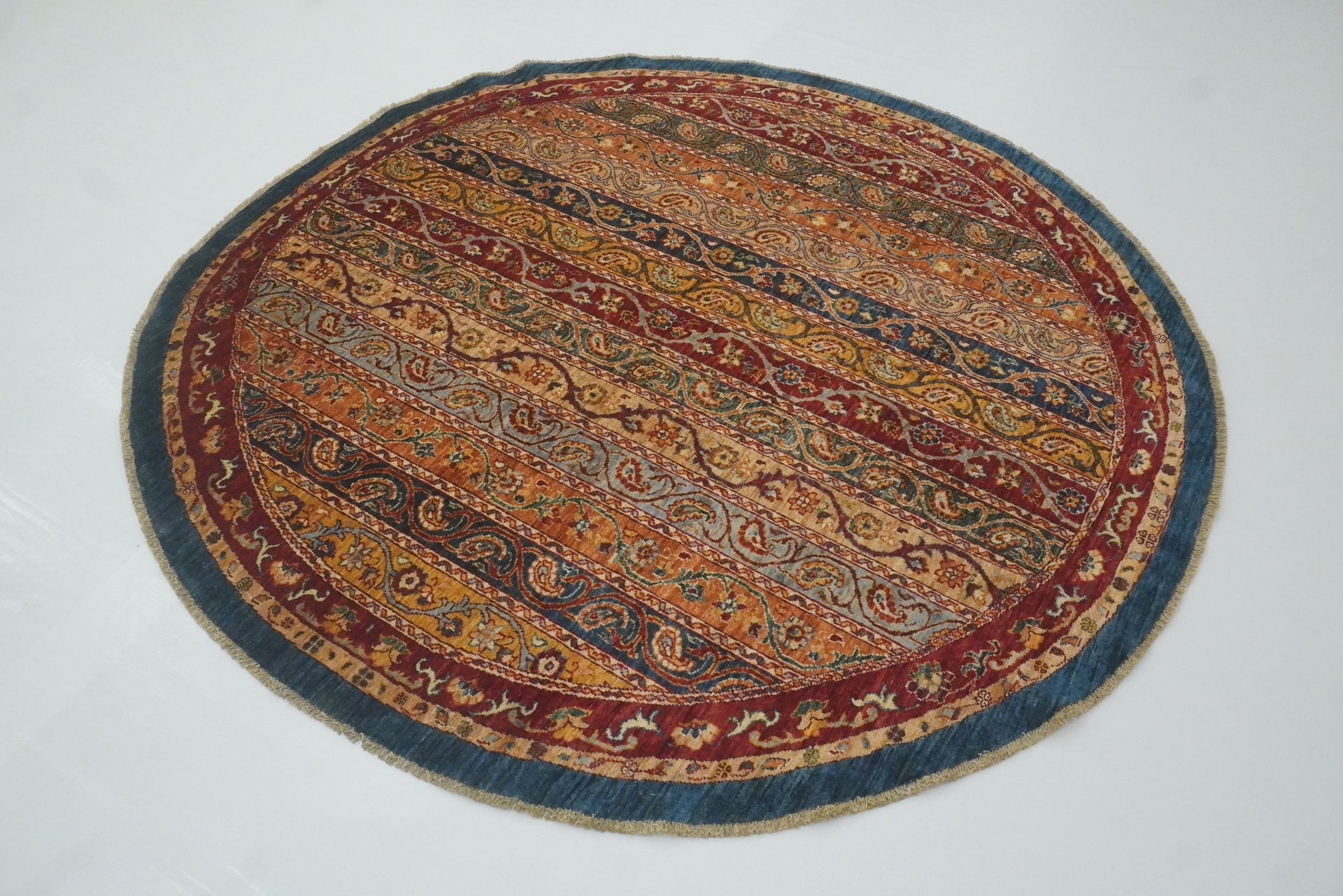 7x7 Blue Afghan Hand-Knotted Wool Tribal Round Rug