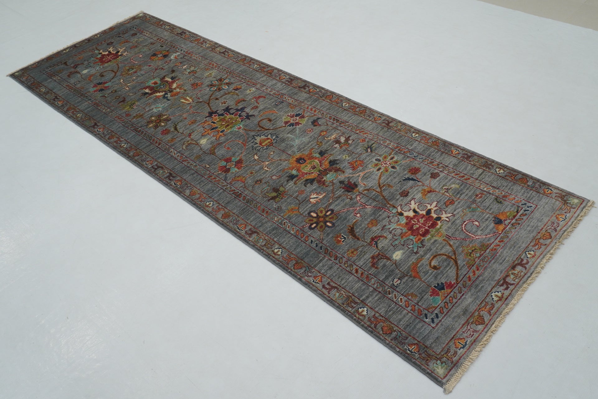 8 ft Blueish Gray Waziri Afghan Hand knotted Runner Rug