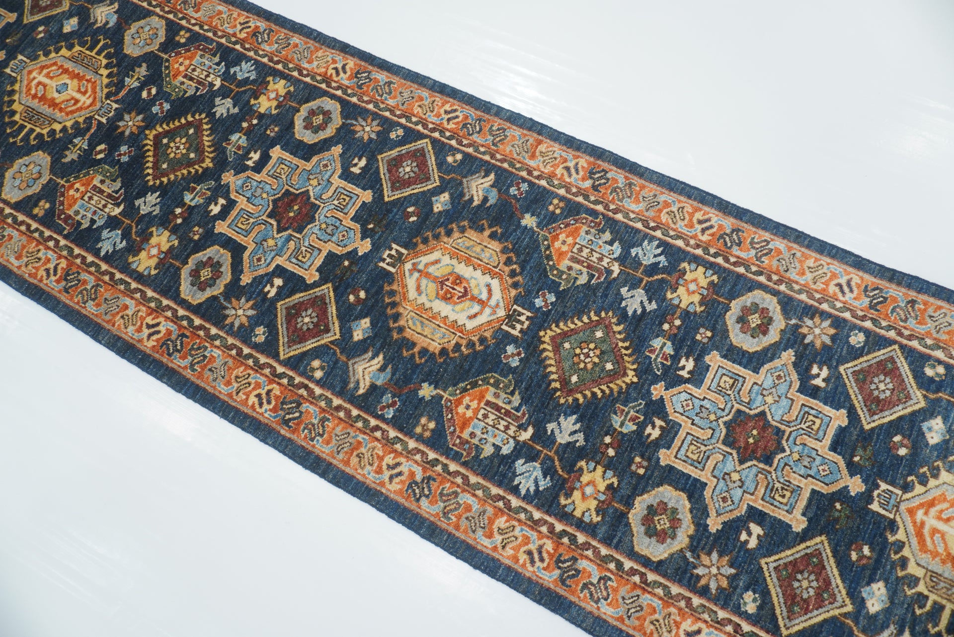 23 ft Navy Blue Karaja Afghan Hand knotted Long Runner Rug