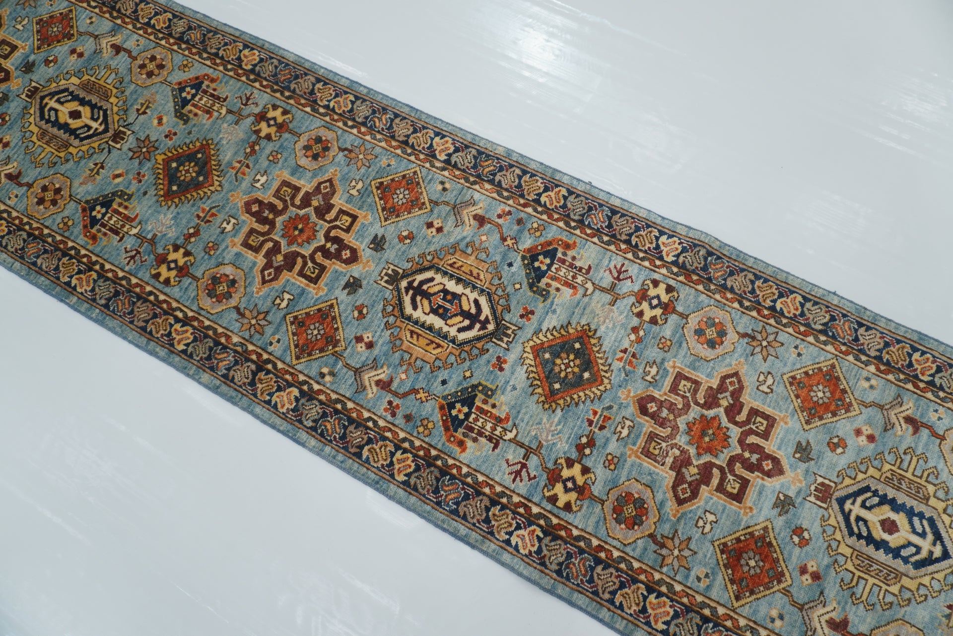 23 ft Blue Karaja Afghan Hand knotted Long Runner Rug
