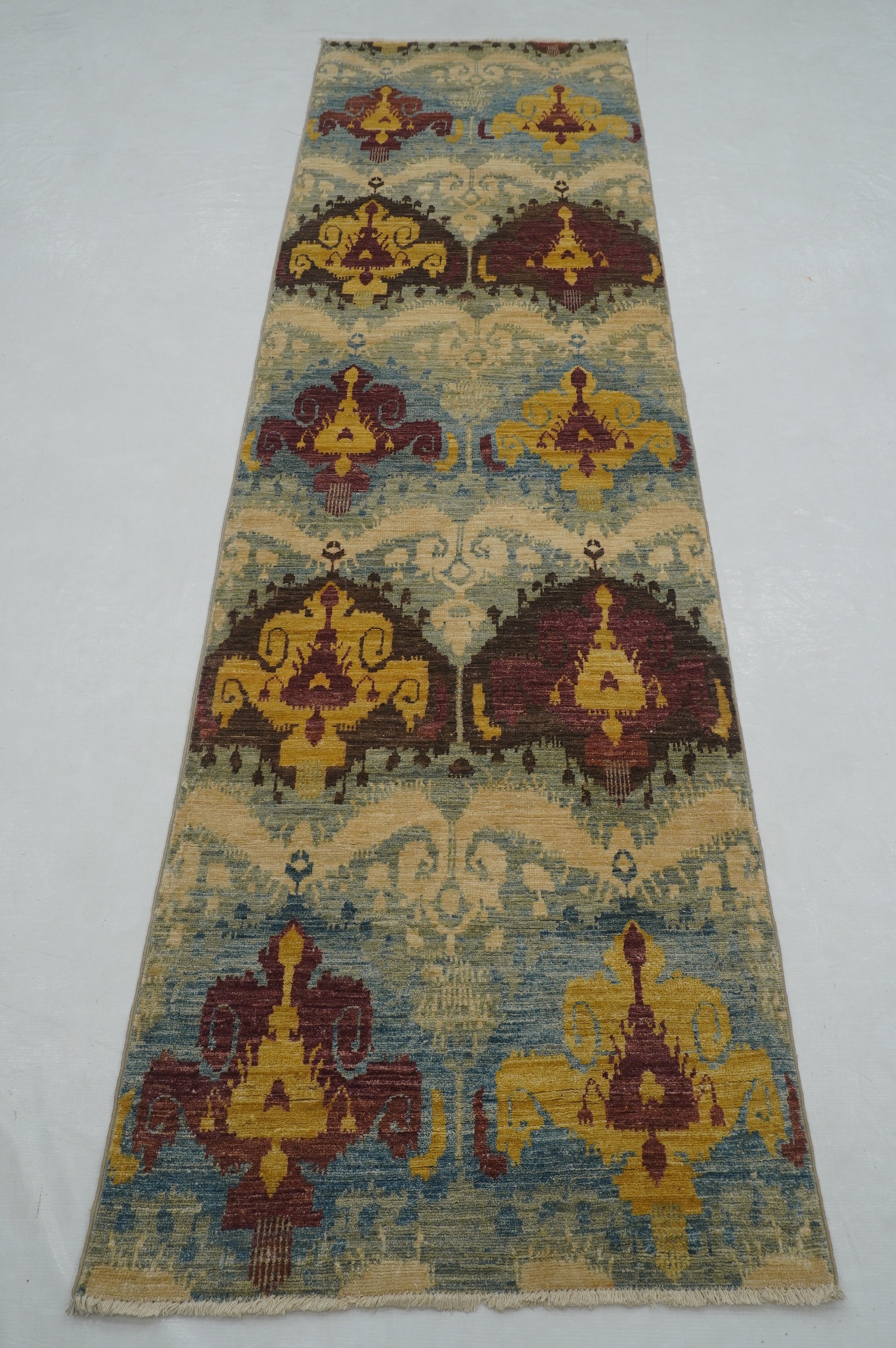 3 x 10 ft Blue Ikat Afghan Hand knotted Runner Rug