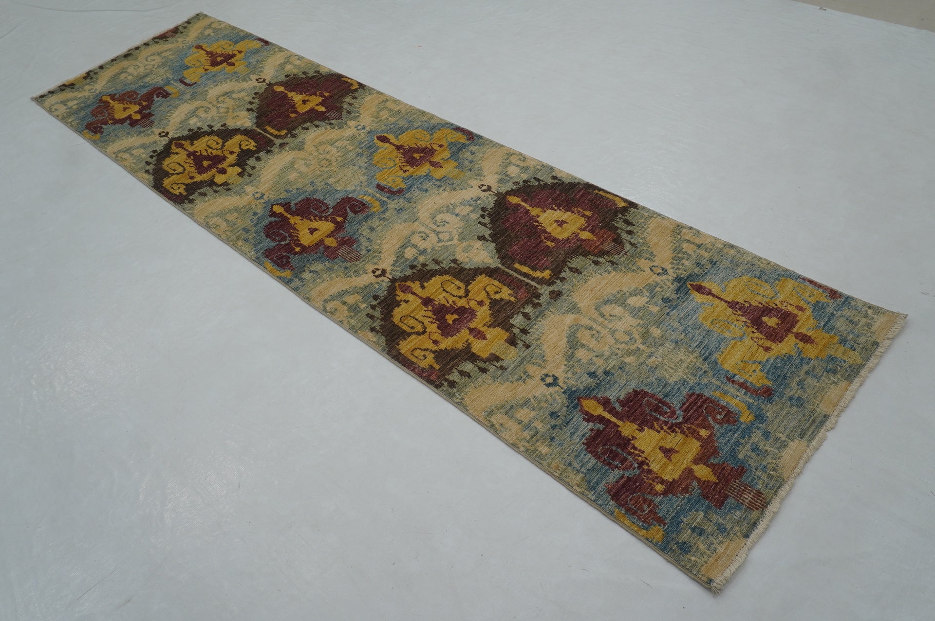 3 x 10 ft Blue Ikat Afghan Hand knotted Runner Rug