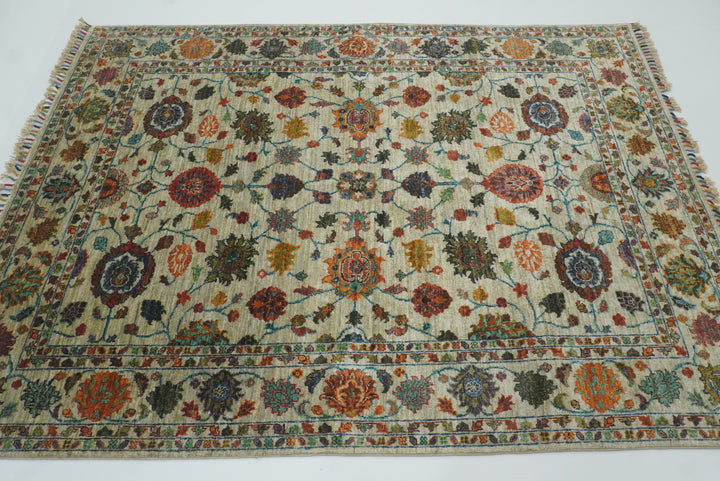 5x7 Green Waziri Hand-Knotted Afghan Oriental Rug - Yildiz Rugs