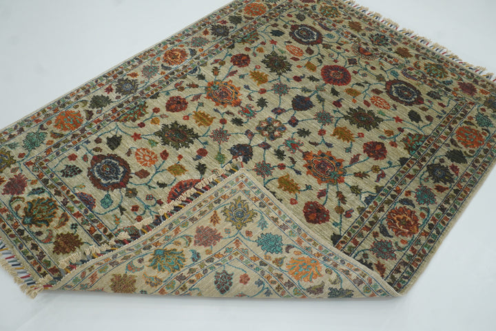 5x7 Green Waziri Hand-Knotted Afghan Oriental Rug - Yildiz Rugs