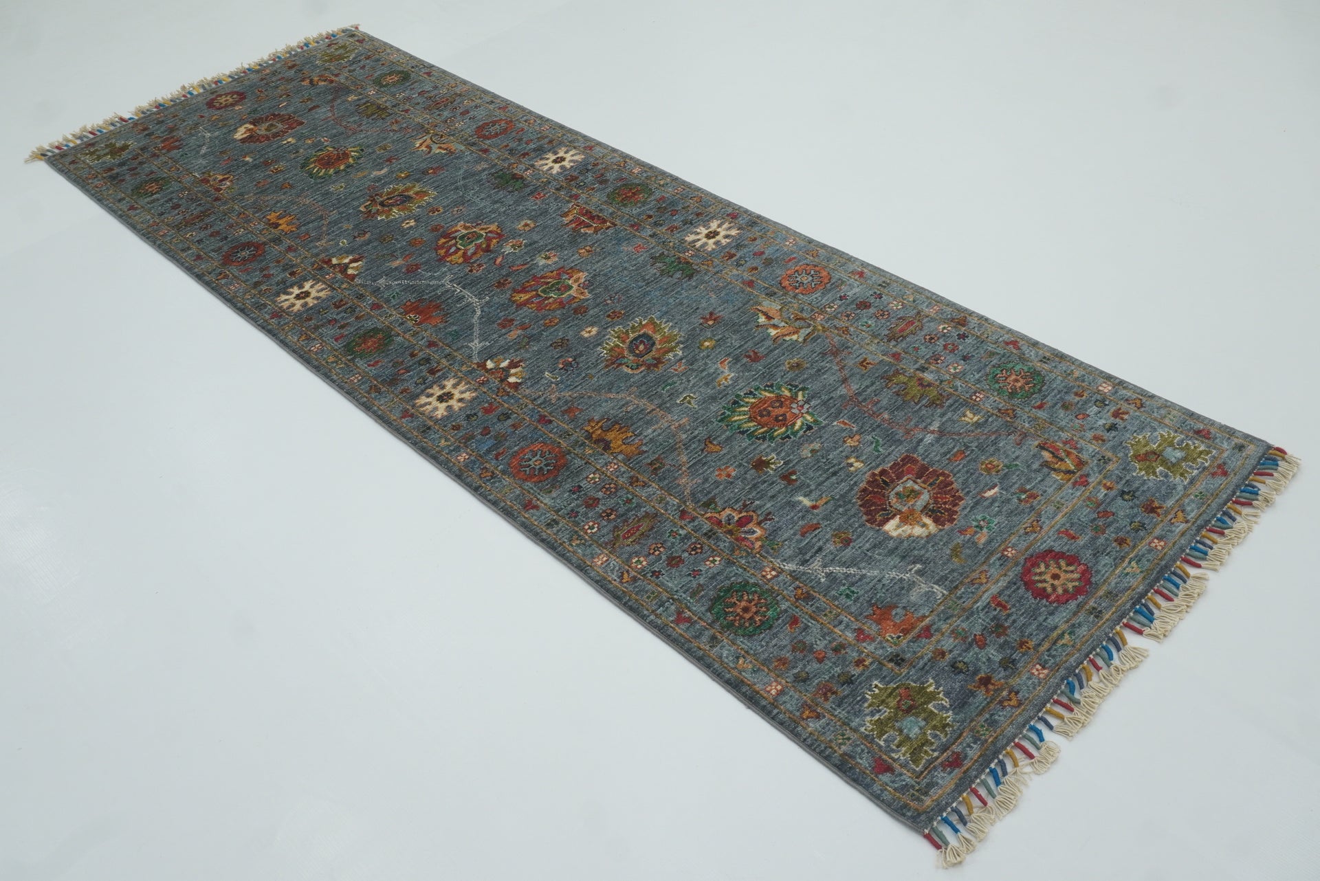 8 ft Waziri Blue Afghan Hand-Knotted Runner Rug - Yildiz Rugs