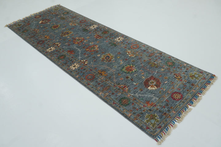 8 ft Waziri Blue Afghan Hand-Knotted Runner Rug - Yildiz Rugs