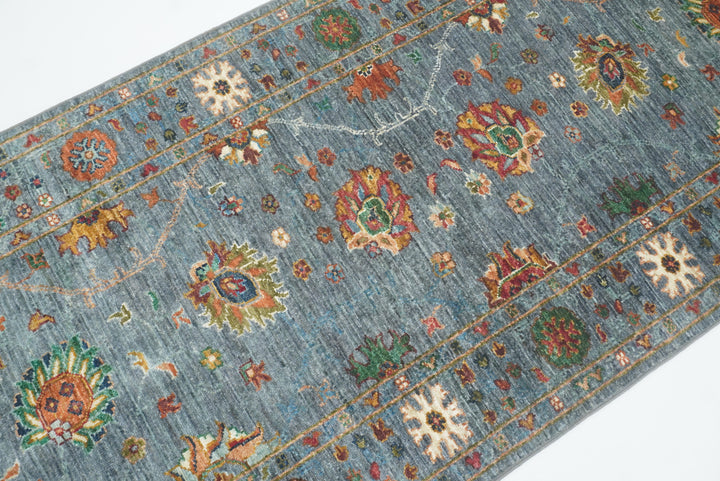 8 ft Waziri Blue Afghan Hand-Knotted Runner Rug - Yildiz Rugs