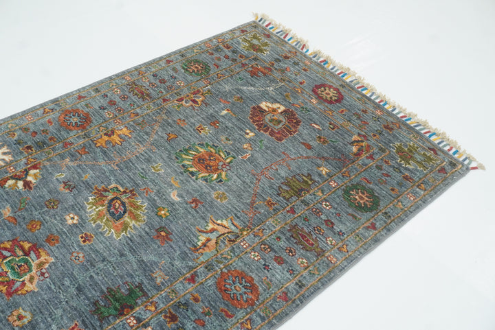 8 ft Waziri Blue Afghan Hand-Knotted Runner Rug - Yildiz Rugs