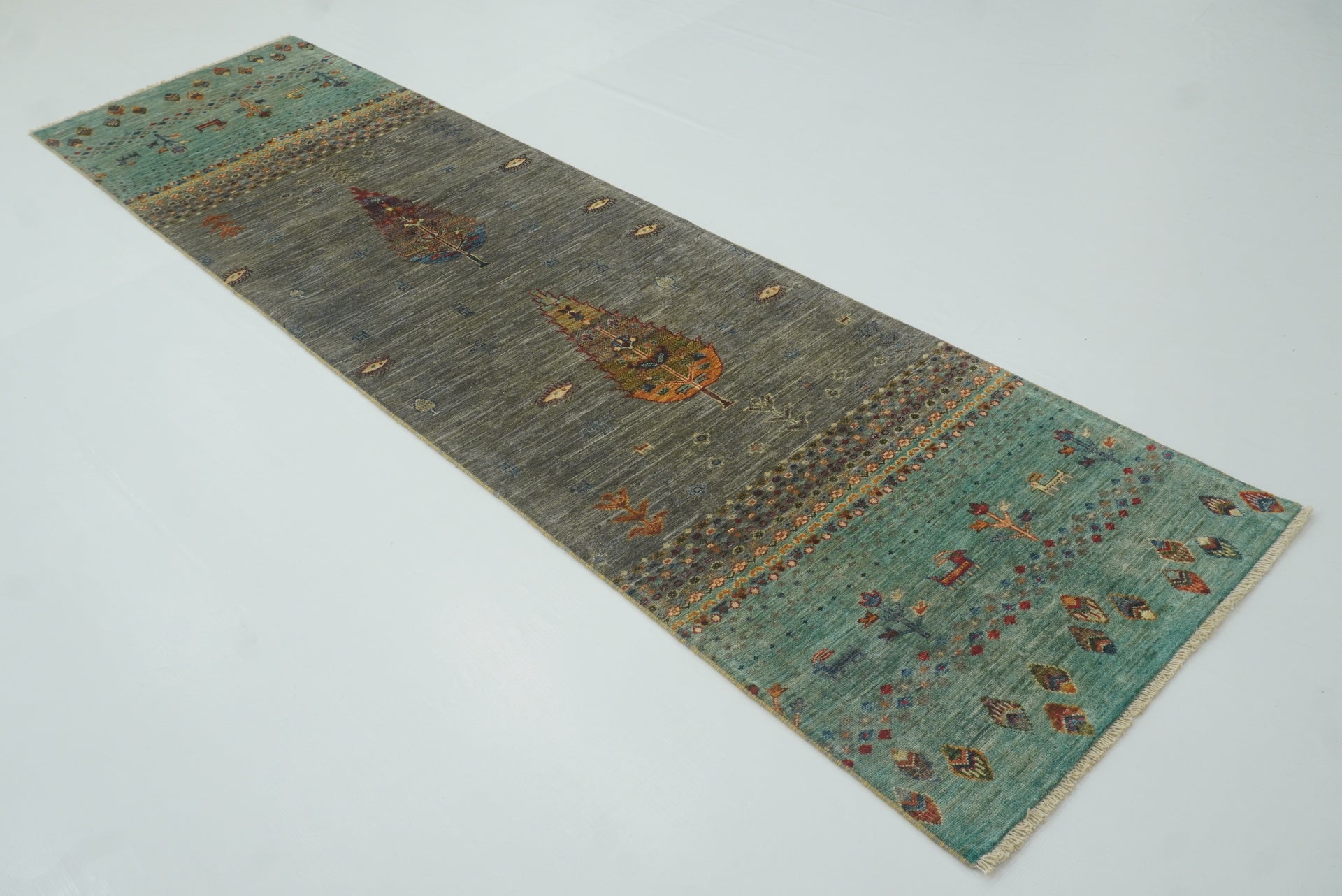 10 ft Gray Blue Gabbeh Tree Afghan Hand Knotted Runner Rug