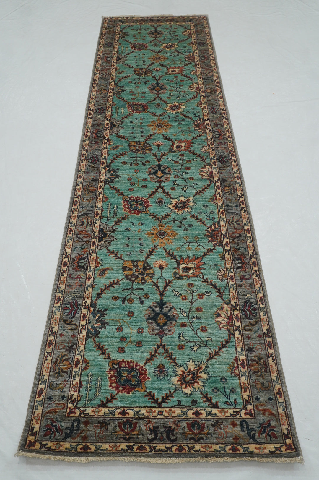 10 ft Turquoise Blue Waziri Afghan Hand knotted Runner Rug