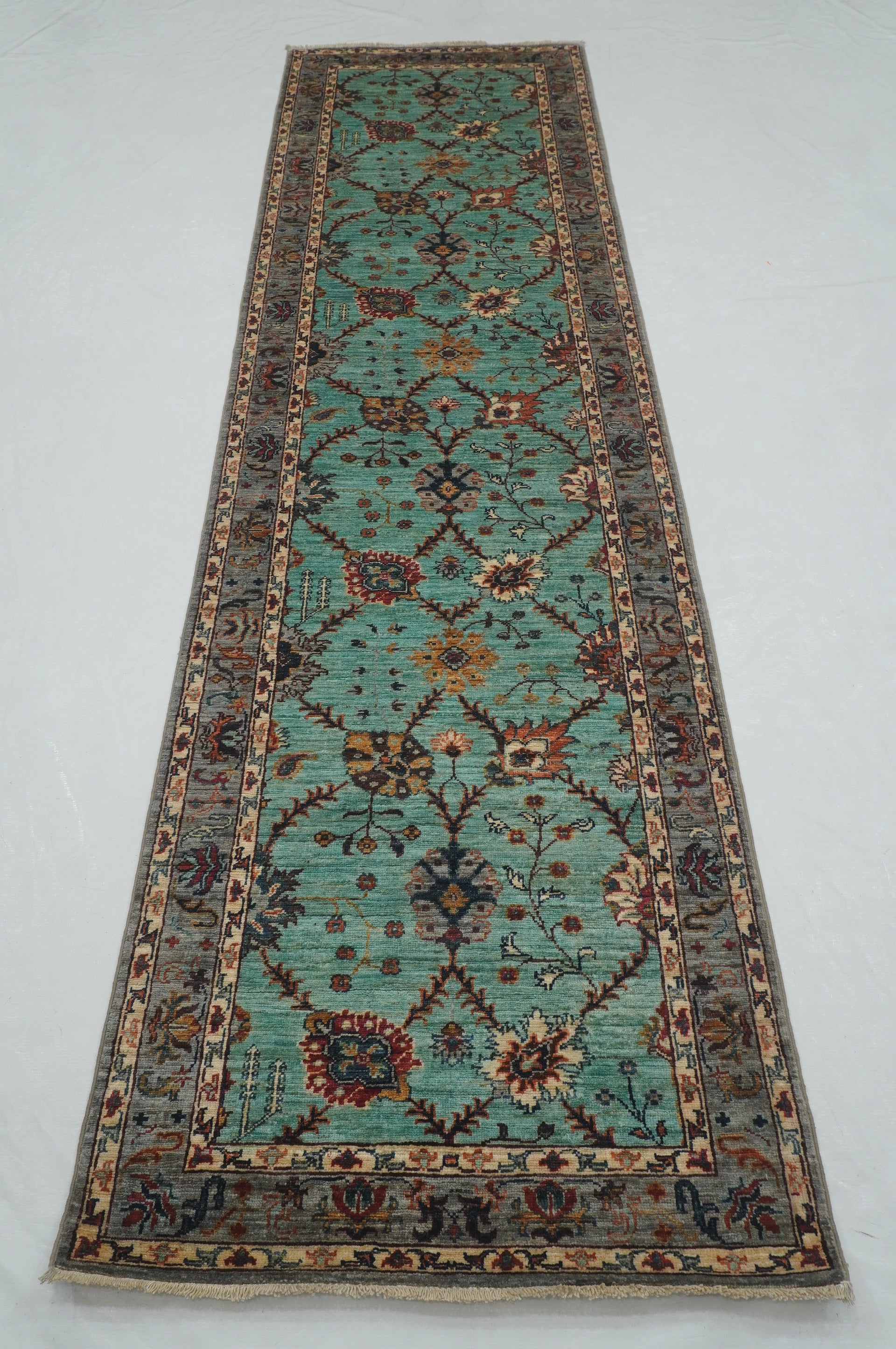 10 ft Turquoise Blue Waziri Afghan Hand knotted Runner Rug