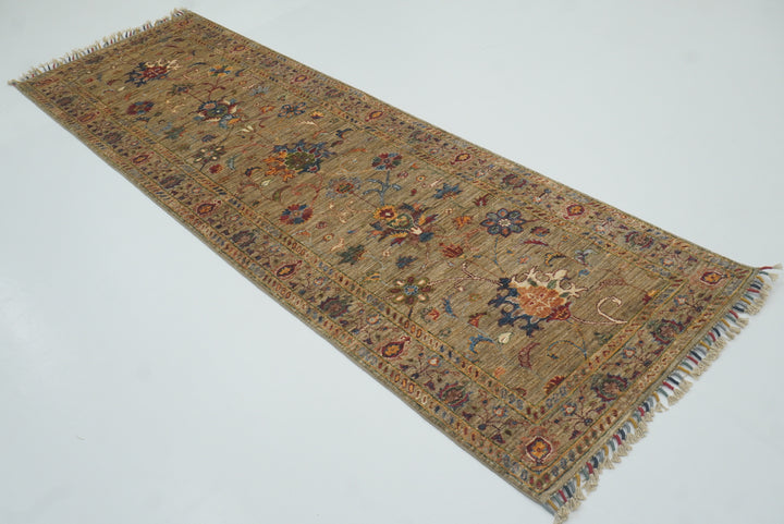 8 ft Waziri Olive Brown Afghan Hand-Knotted Runner Rug - Yildiz Rugs