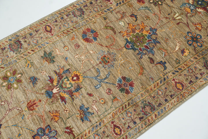 8 ft Waziri Olive Brown Afghan Hand-Knotted Runner Rug - Yildiz Rugs