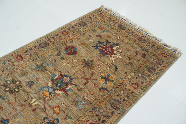 8 ft Waziri Olive Brown Afghan Hand-Knotted Runner Rug - Yildiz Rugs