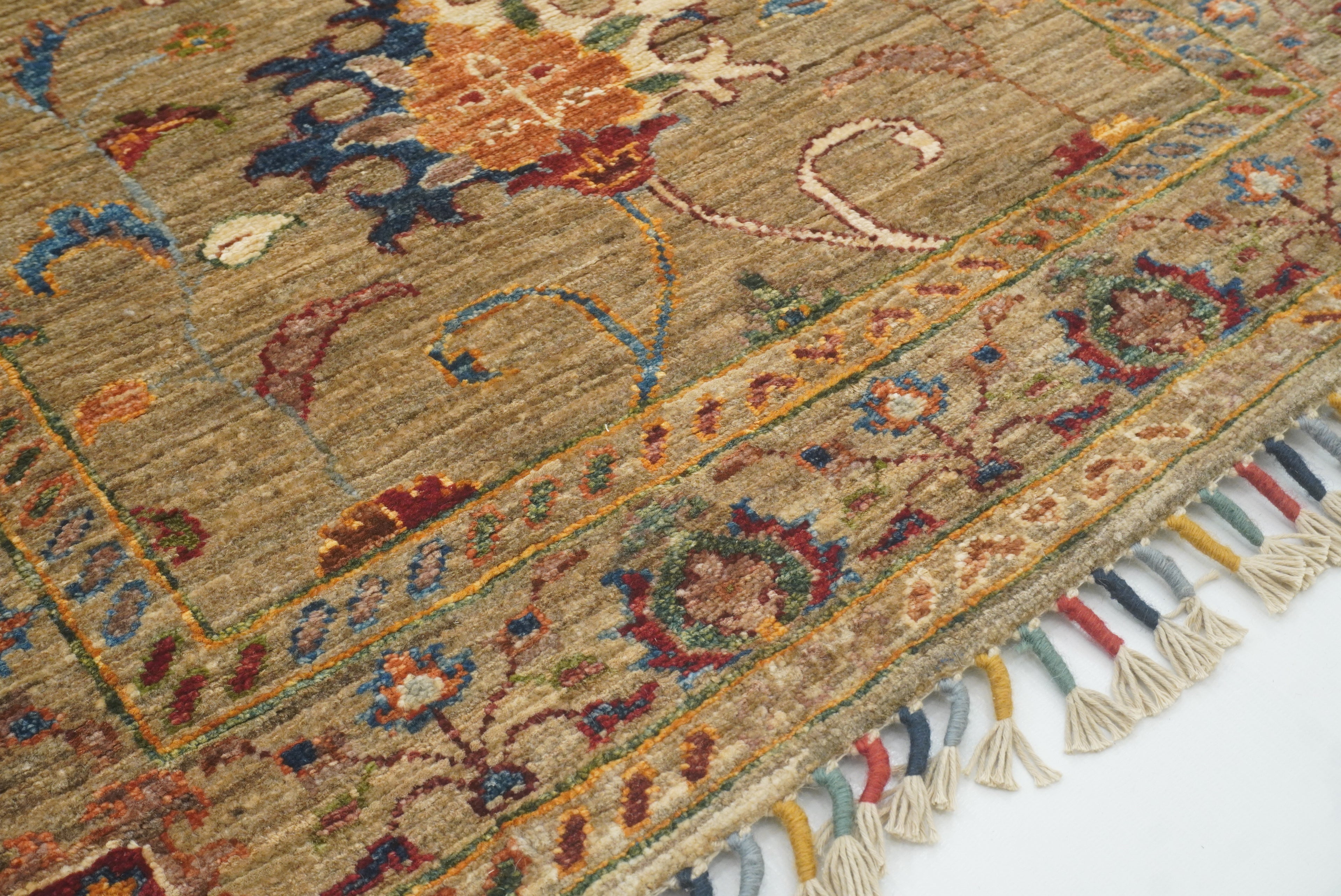 8 ft Waziri Olive Brown Afghan Hand-Knotted Runner Rug - Yildiz Rugs