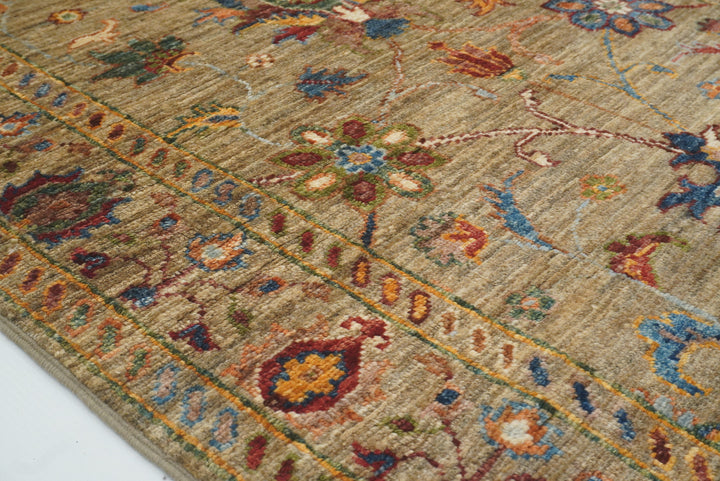 8 ft Waziri Olive Brown Afghan Hand-Knotted Runner Rug - Yildiz Rugs