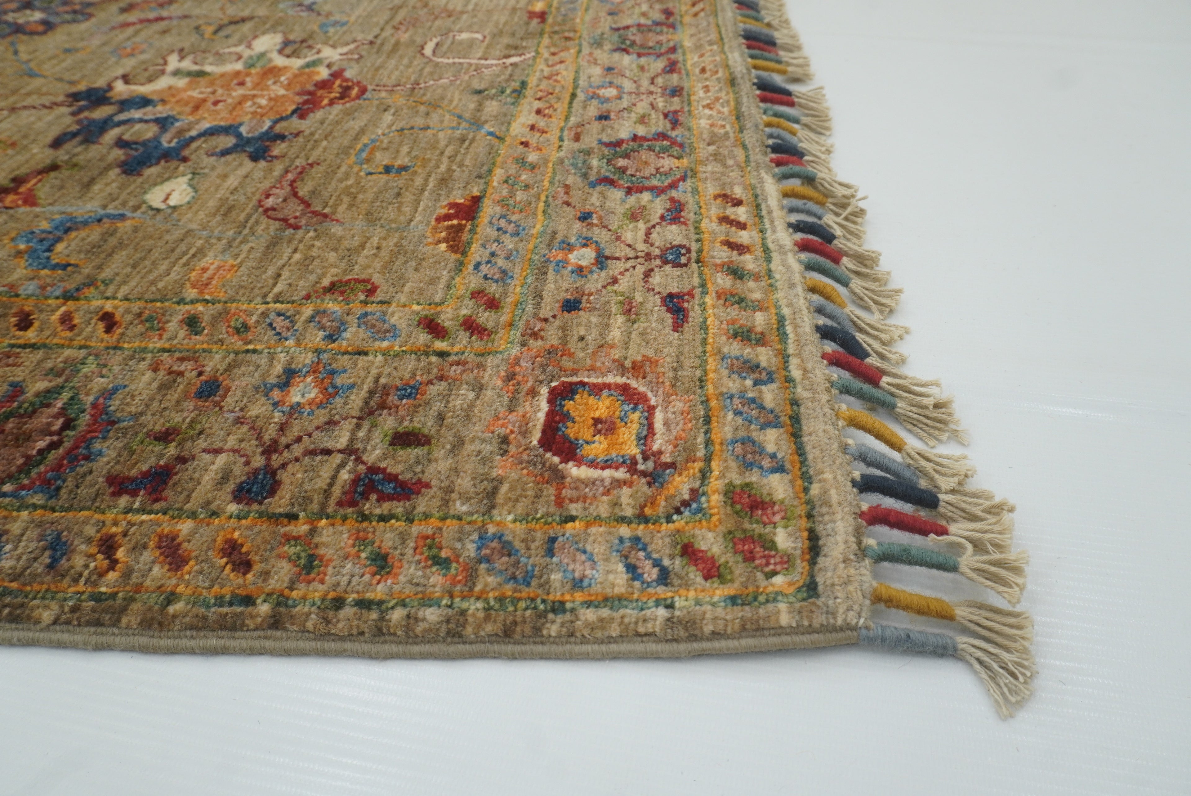 8 ft Waziri Olive Brown Afghan Hand-Knotted Runner Rug - Yildiz Rugs