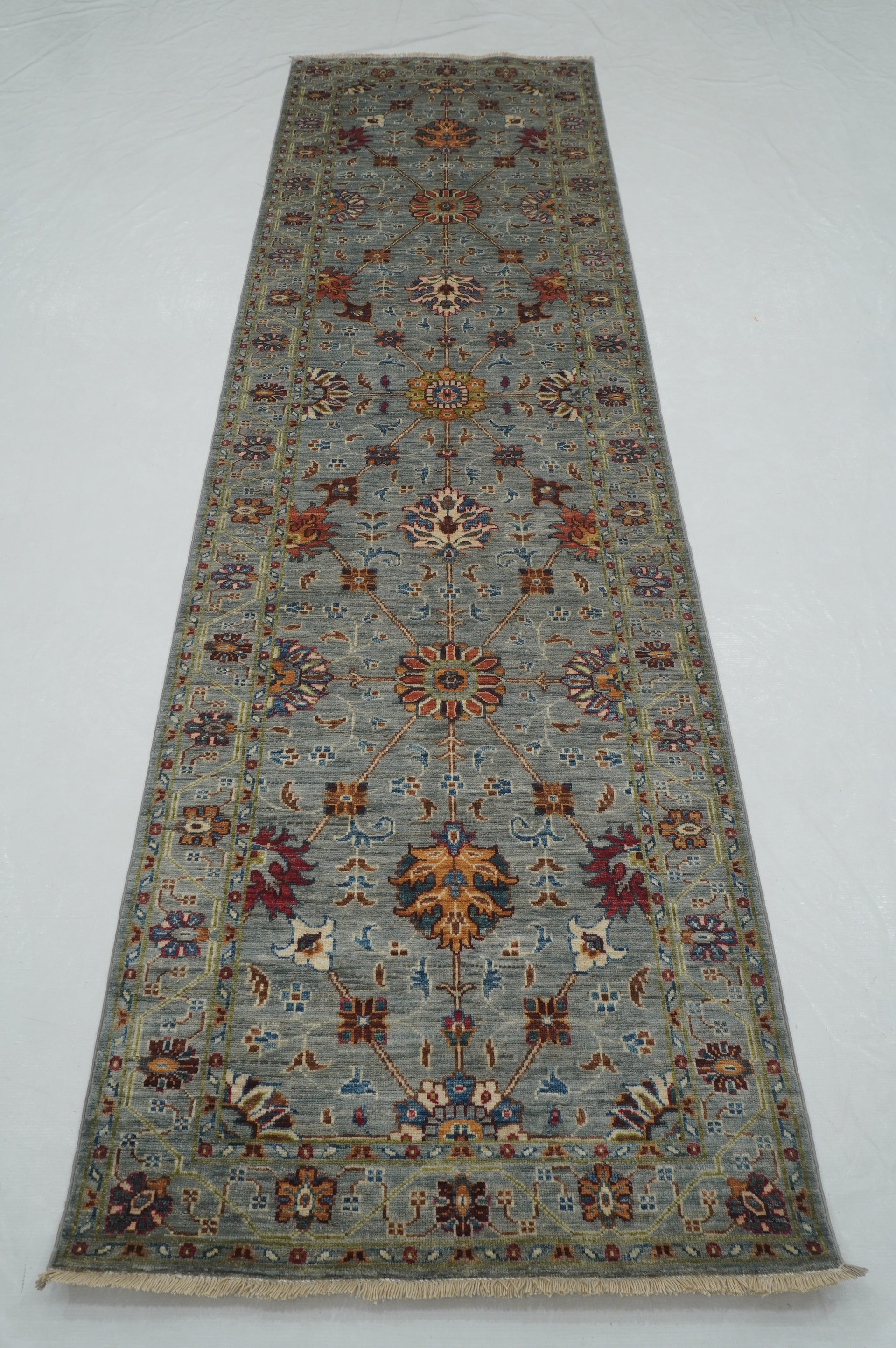 10 ft Gray Waziri Afghan Hand knotted Runner Rug