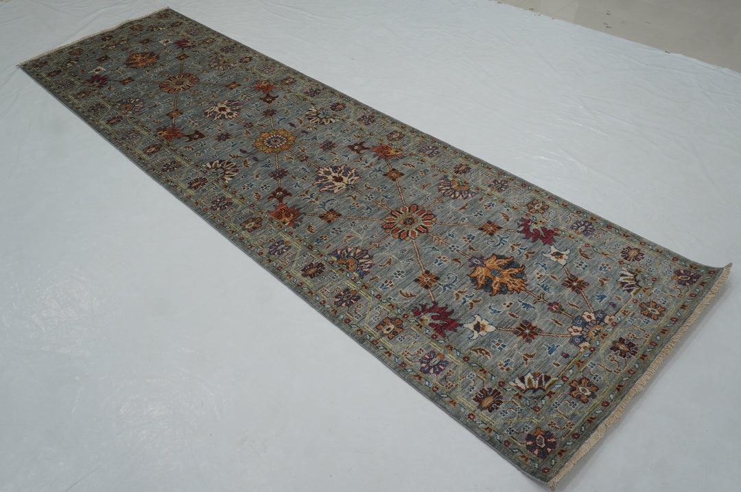 10 ft Gray Waziri Afghan Hand knotted Runner Rug