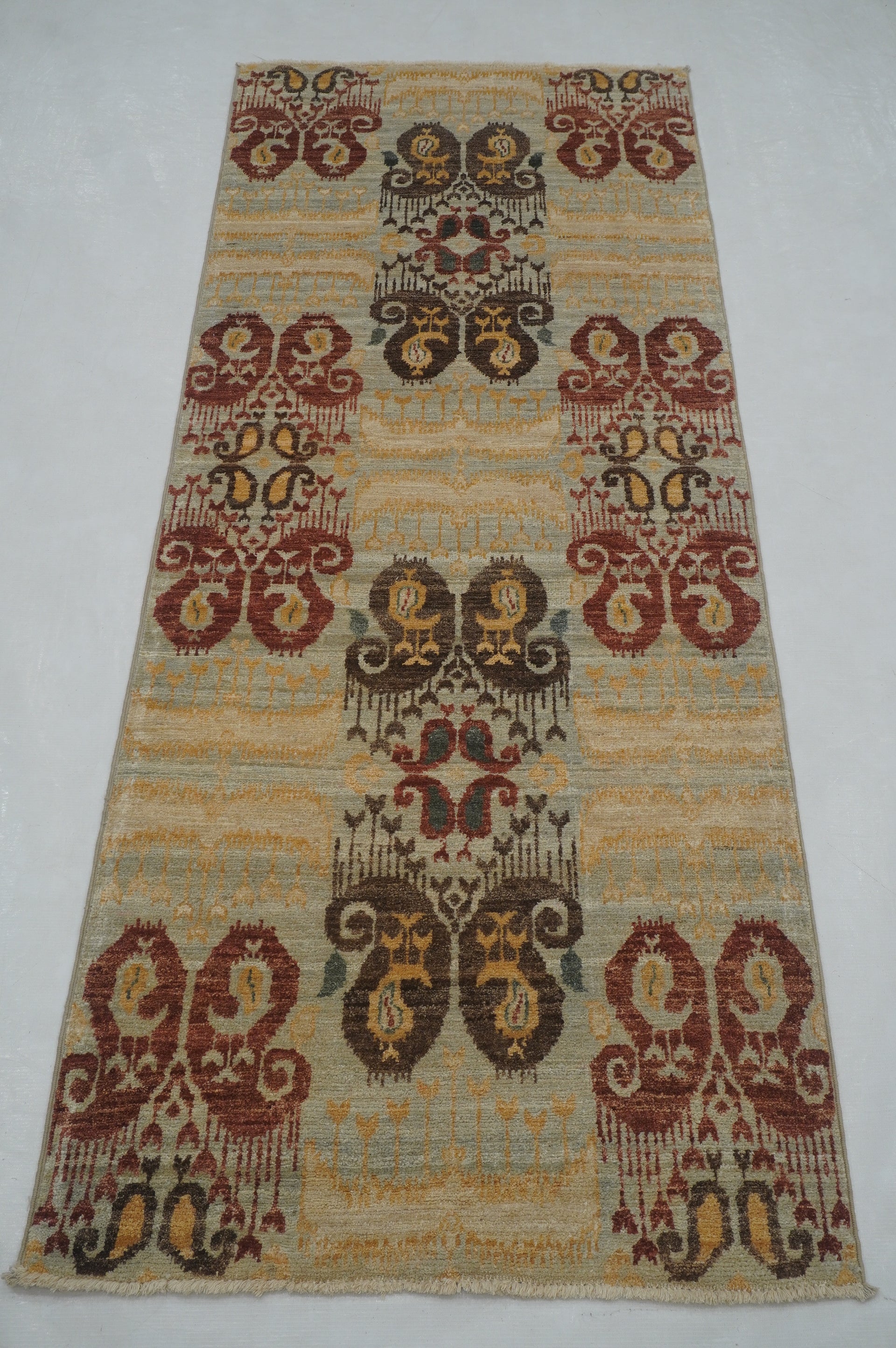 7 ft Gray Ikat Afghan Hand knotted Runner Rug