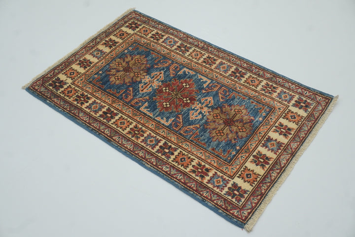2x3 Blue Kazak Hand-Knotted Afghan Rug - Yildiz Rugs