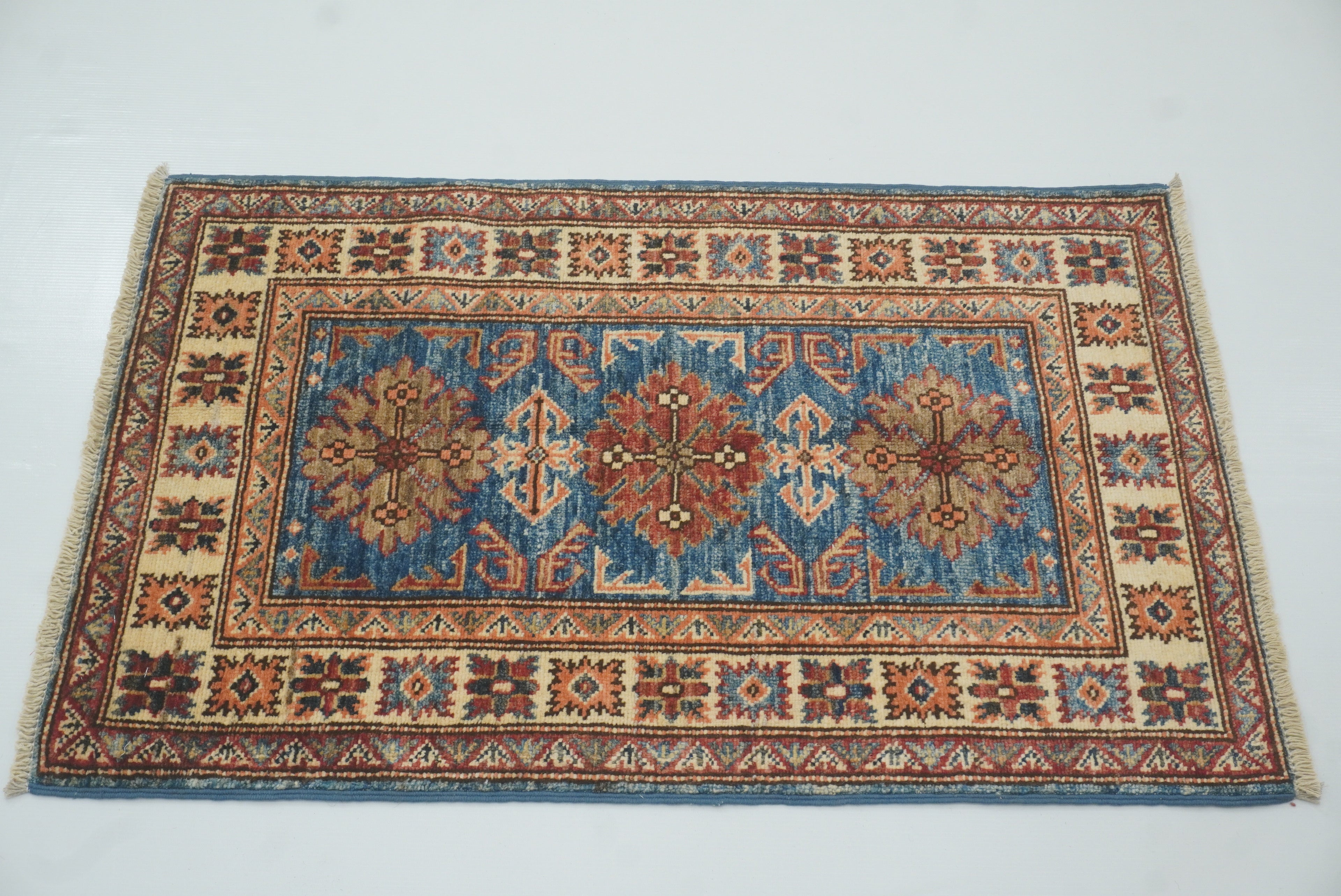 2x3 Blue Kazak Hand-Knotted Afghan Rug - Yildiz Rugs